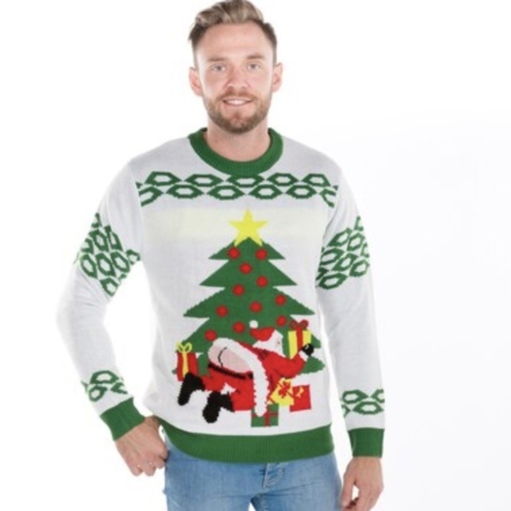 FunQi Mooning Santa Ugly Christmas Sweater Funny Holiday Knit White Mens Small
